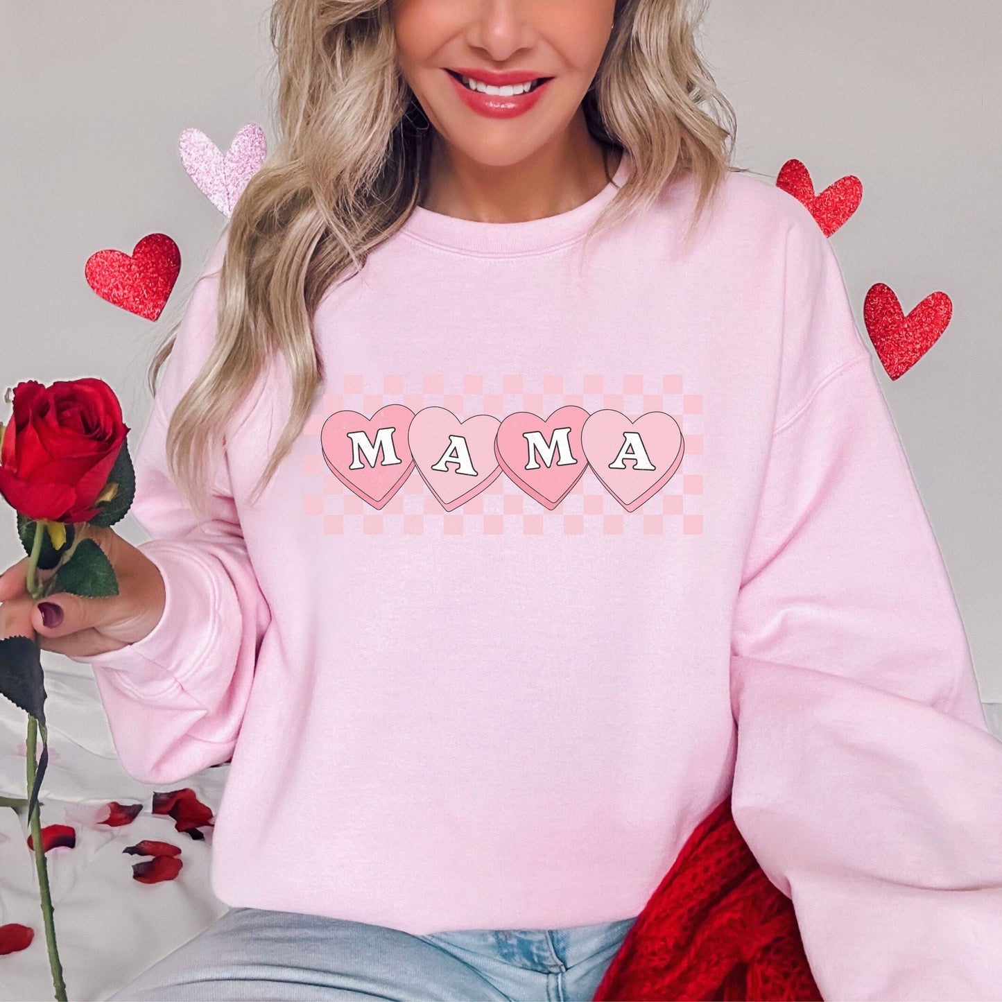 mama valentines day hearts candy heart pink checkered print on white sweatshirt gift