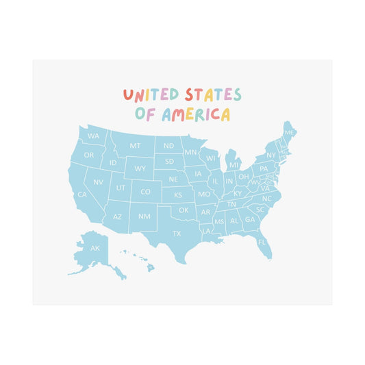 United States Map in Blue with Abbreviated States Posters