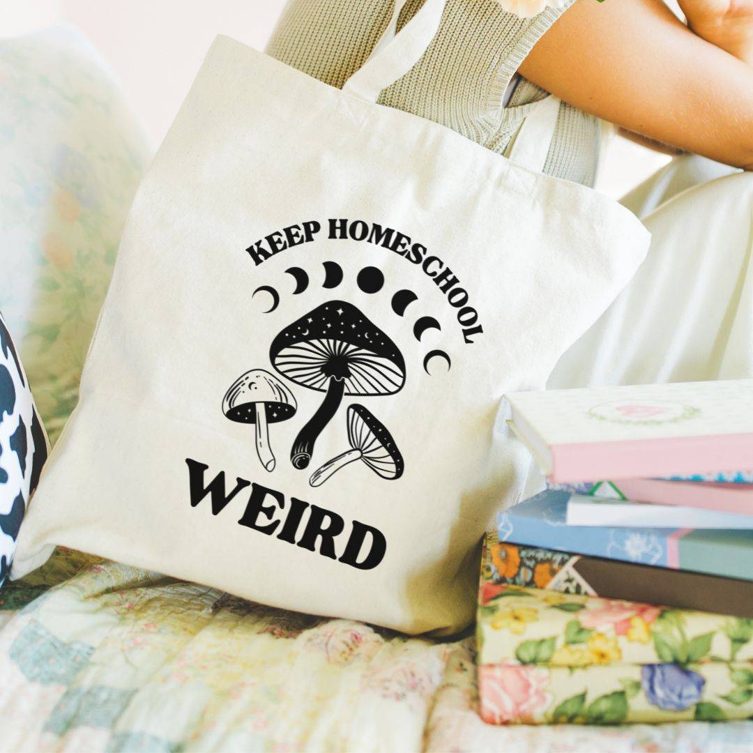 keep homeschool weird bag tote for groceries field trips fun co op travel book bookish mushrooms stars moon