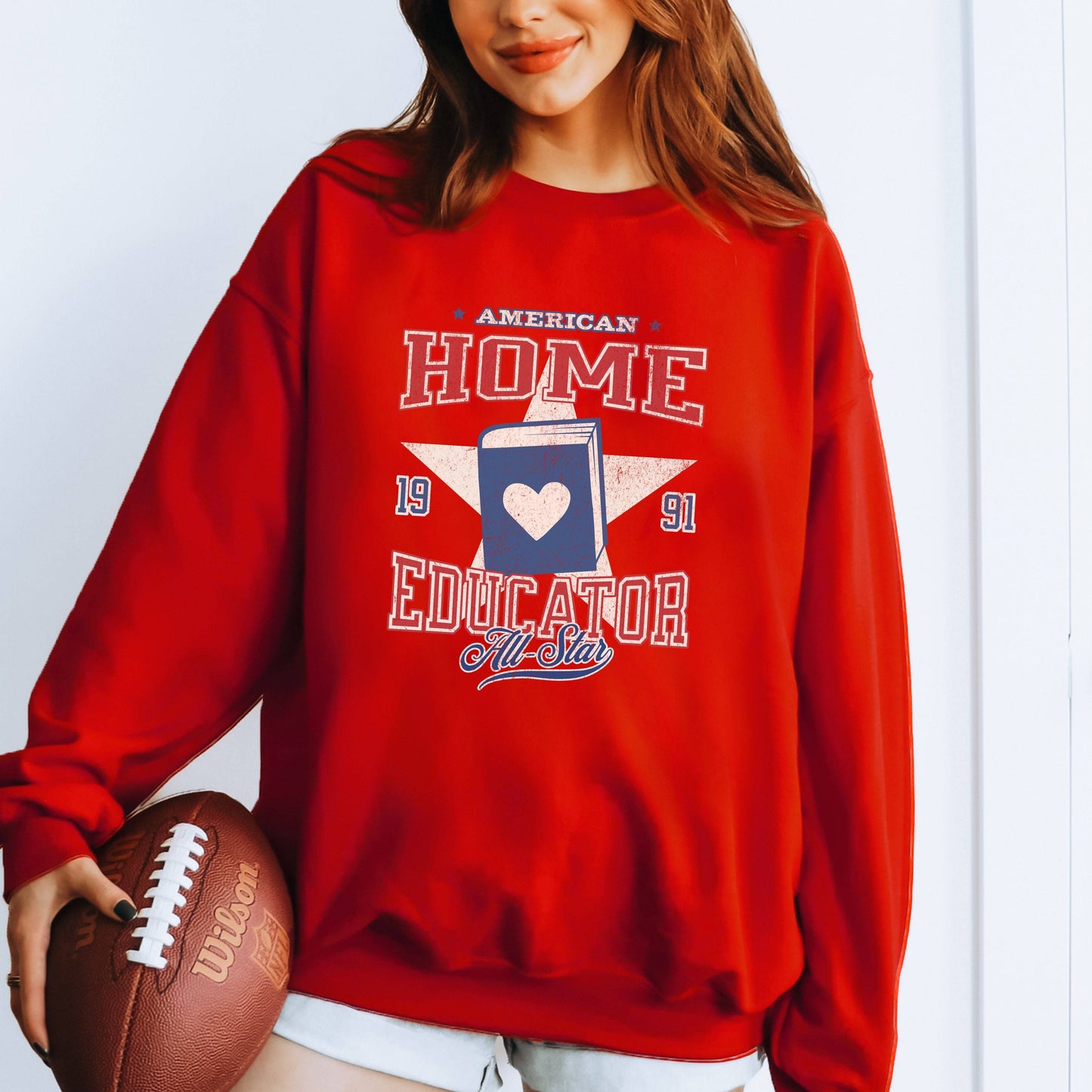 white red blue patriotic american home educator sweater sweatshirt for homeschool moms in red book heart