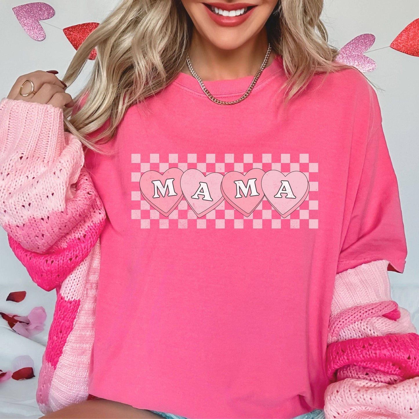 MAMA Checkered Valentines Day Candy T Shirt Pink Trendy