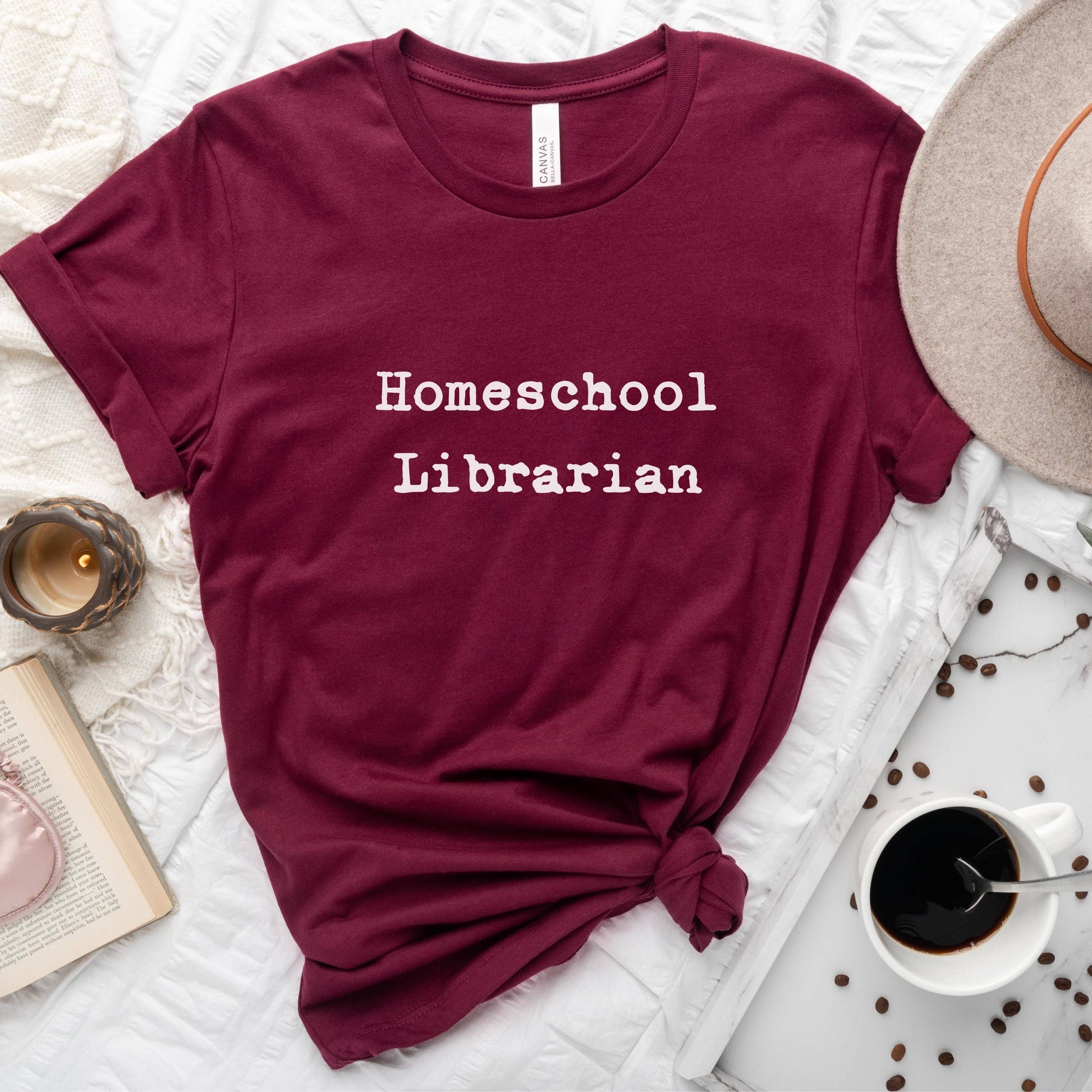 homeschool librarian shirt in maroon red for book loving homeschooling moms