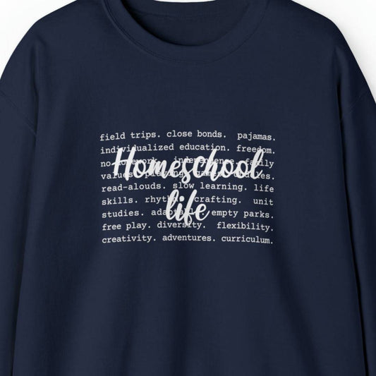 homeschool life sweatshirt in navy blue sweater for homeschool moms