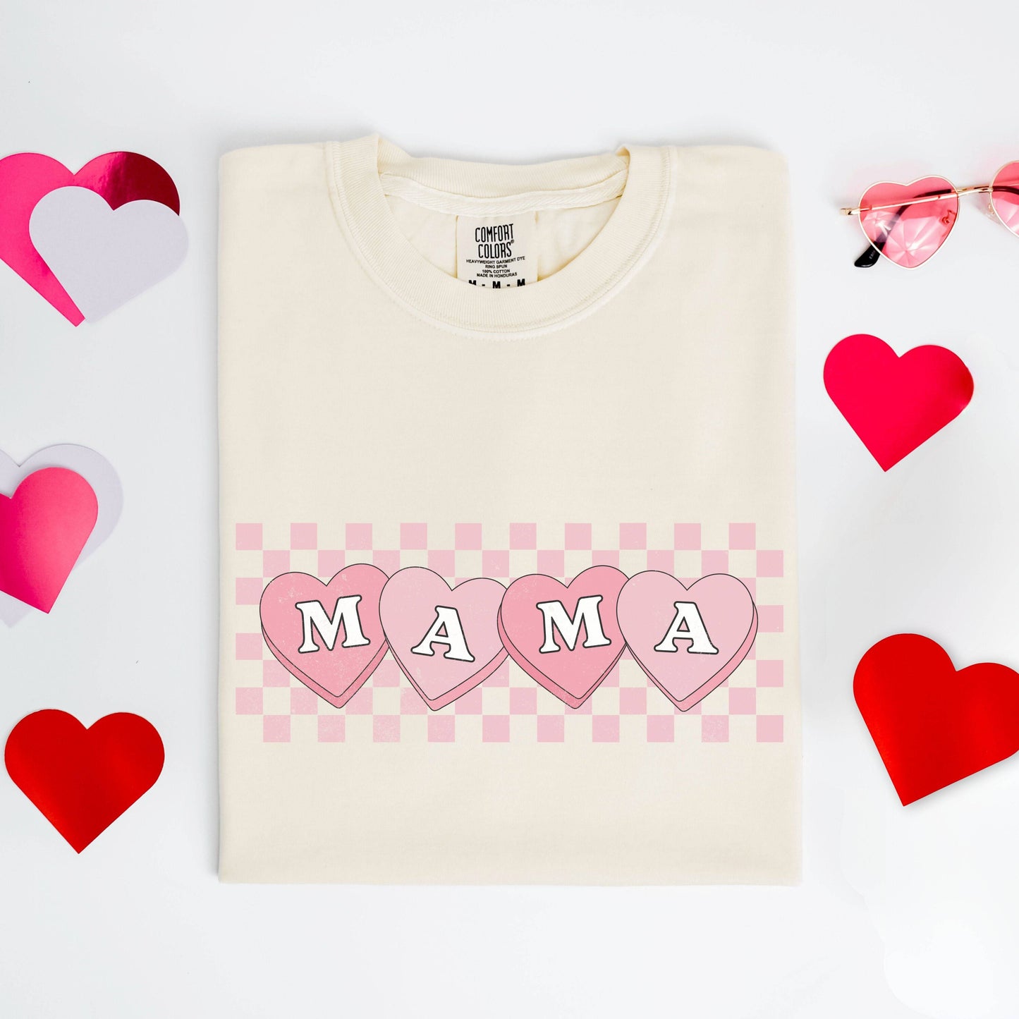 MAMA Checkered Valentines Day Candy T Shirt Pink Trendy