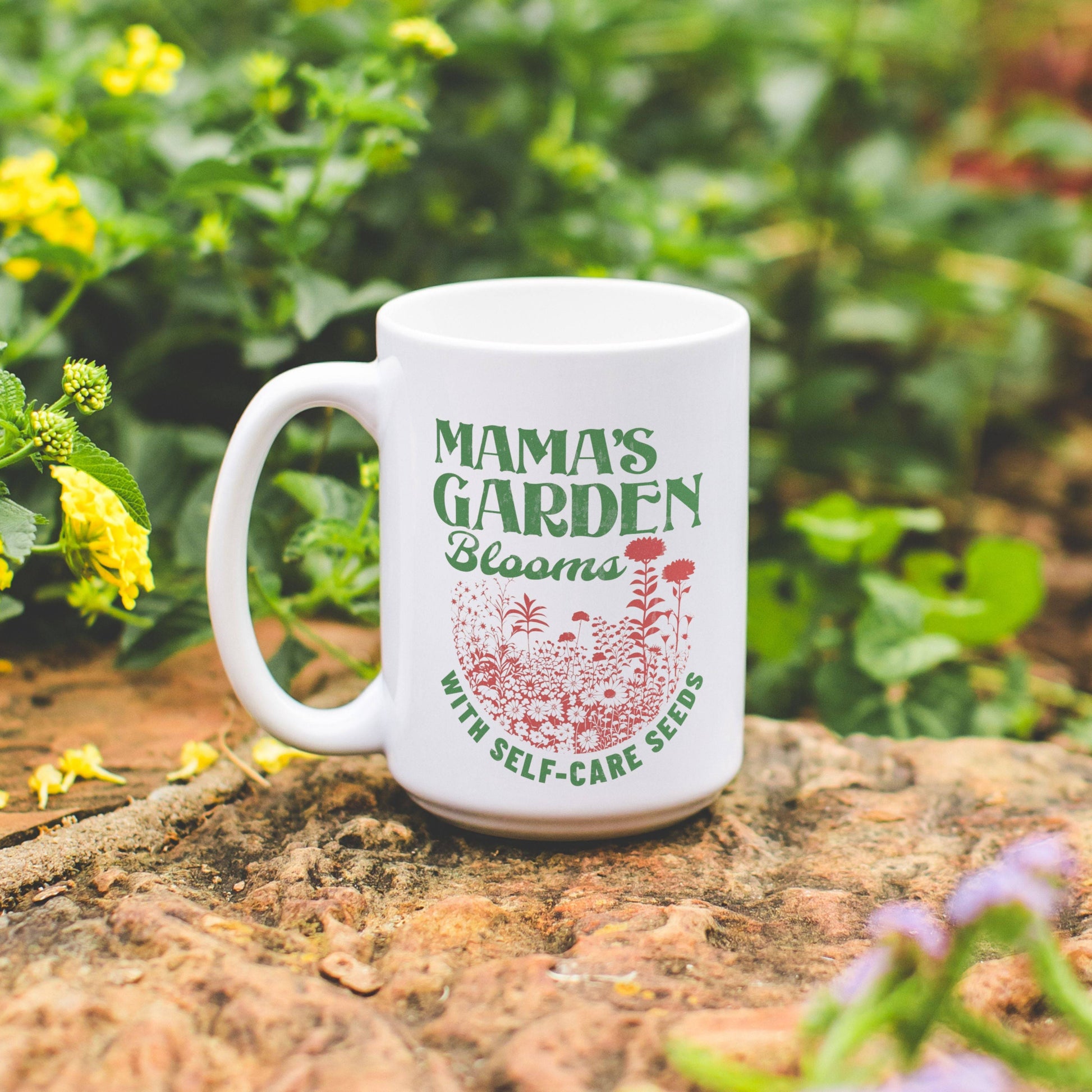 mama's garden blooms with self-care seeds mug