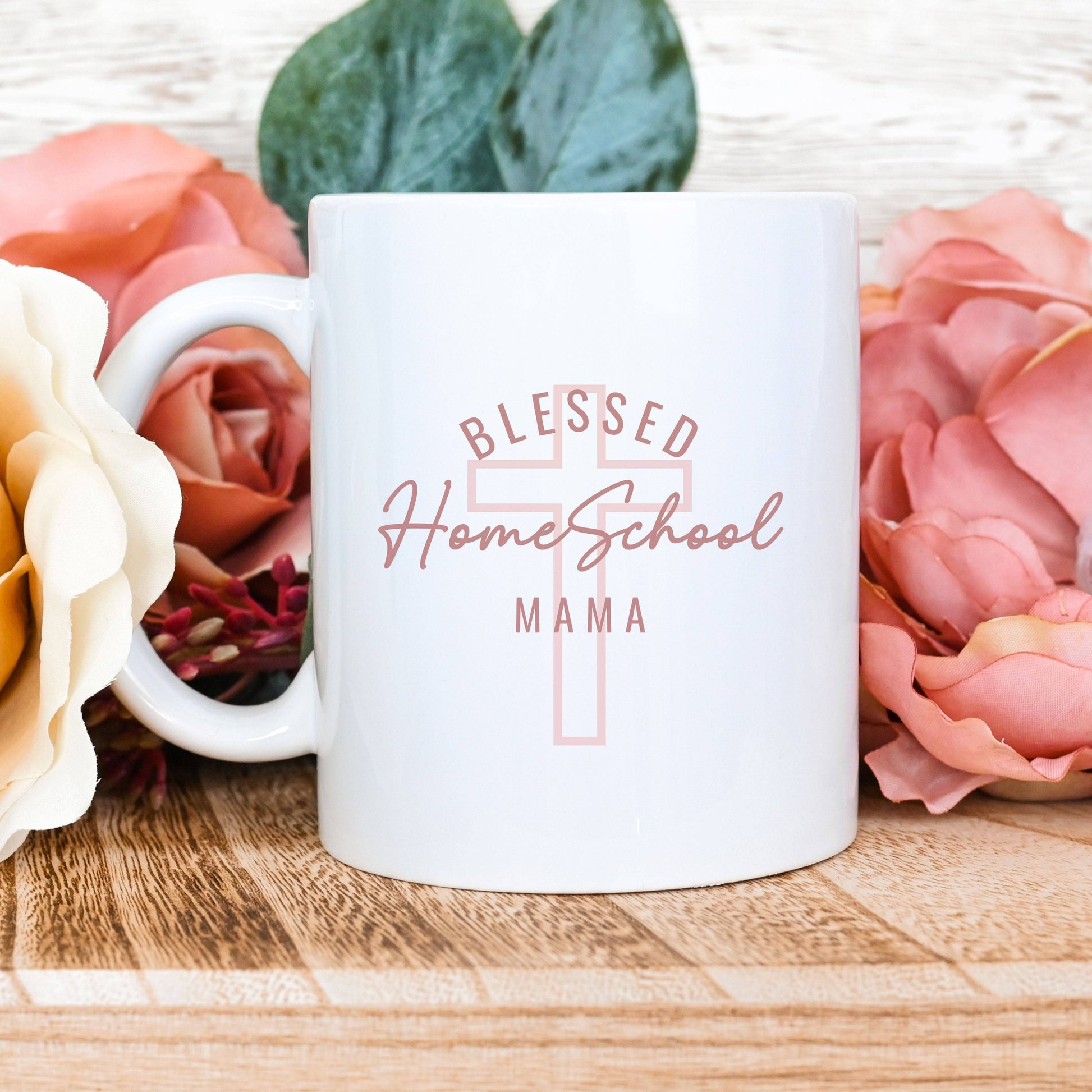 Blessed Homeschool Mama Mug 11oz in Pink with Cross